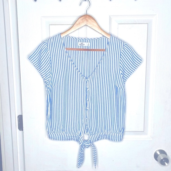 HOLLISTER Blue & White Stripe Button Crop Top - Picture 1 of 7